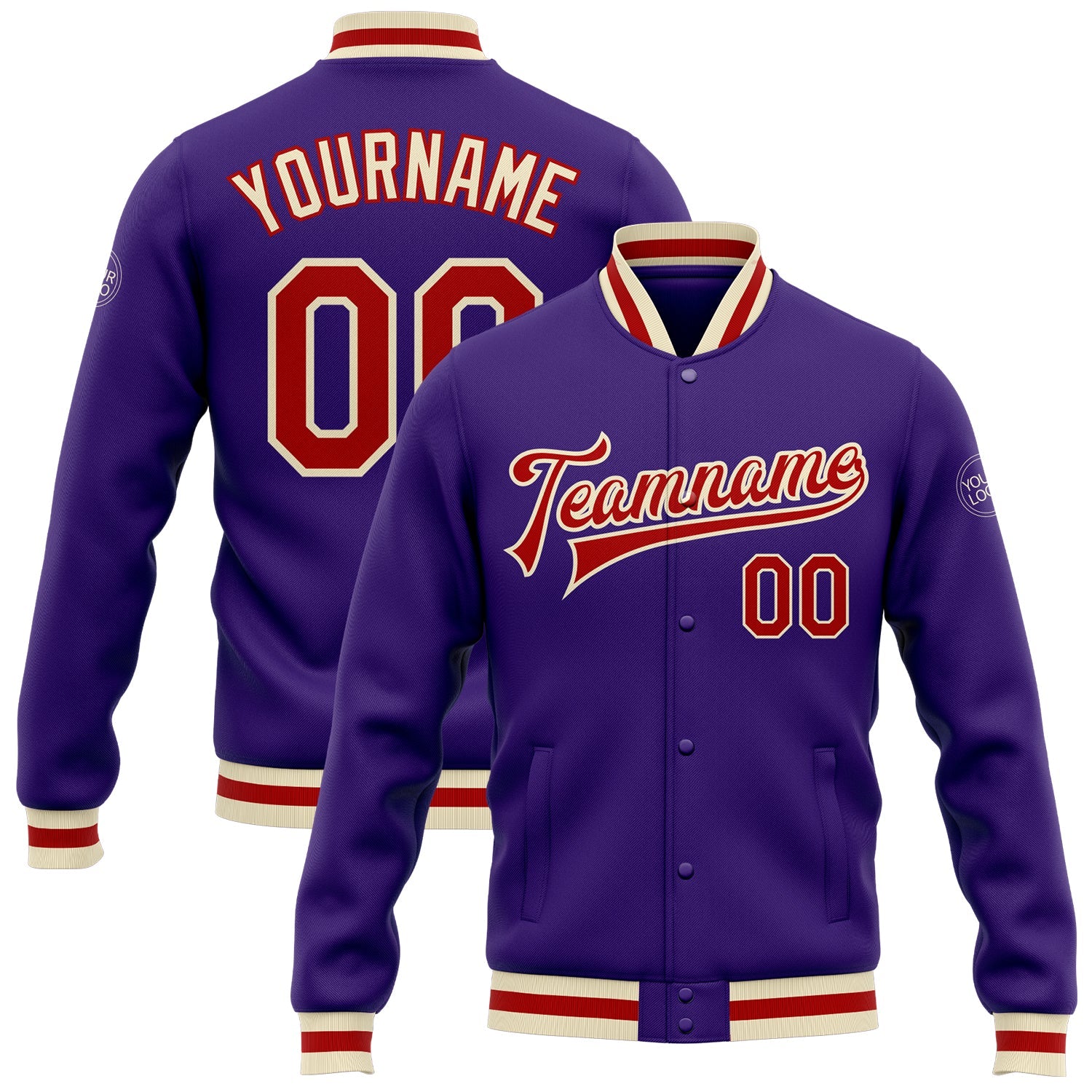 Custom Purple Red-Cream Bomber Full-Snap Varsity Letterman Jacket - Main View
