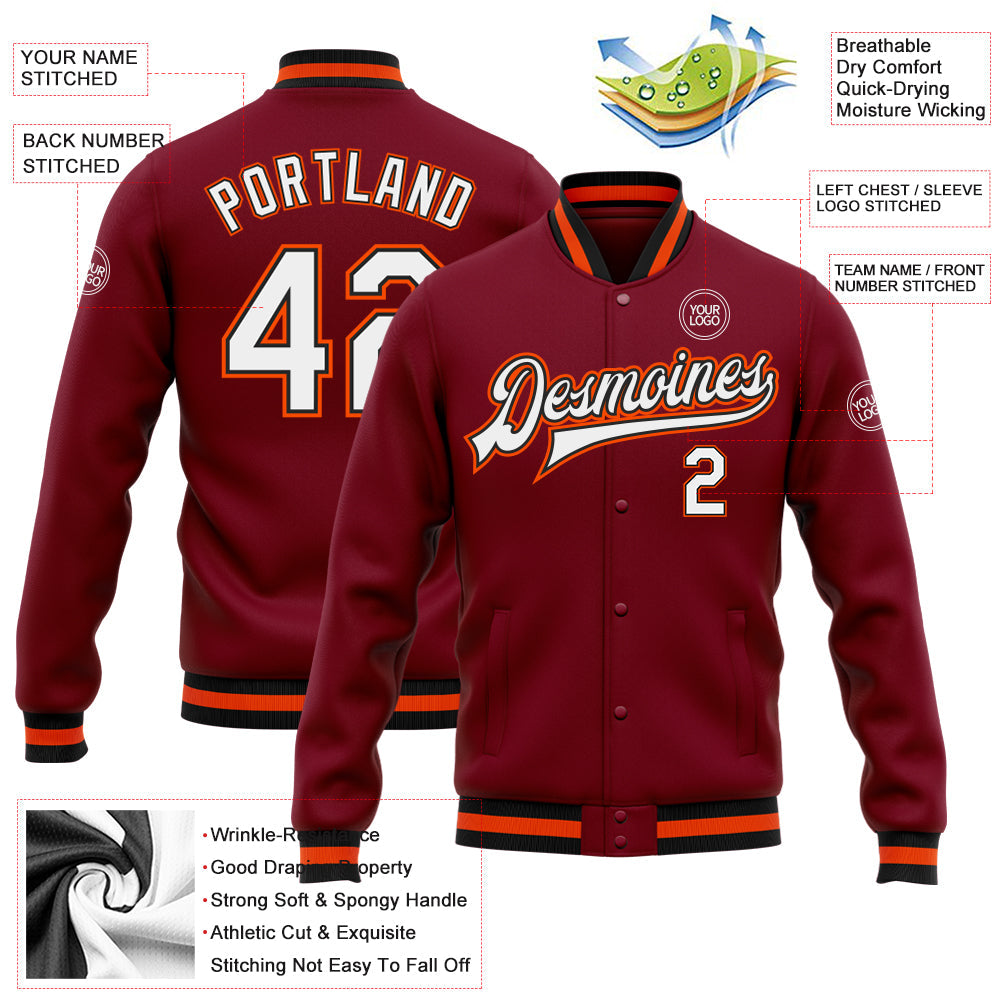 Custom Crimson White Black-Orange Bomber Full-Snap Varsity Letterman Jacket view 5