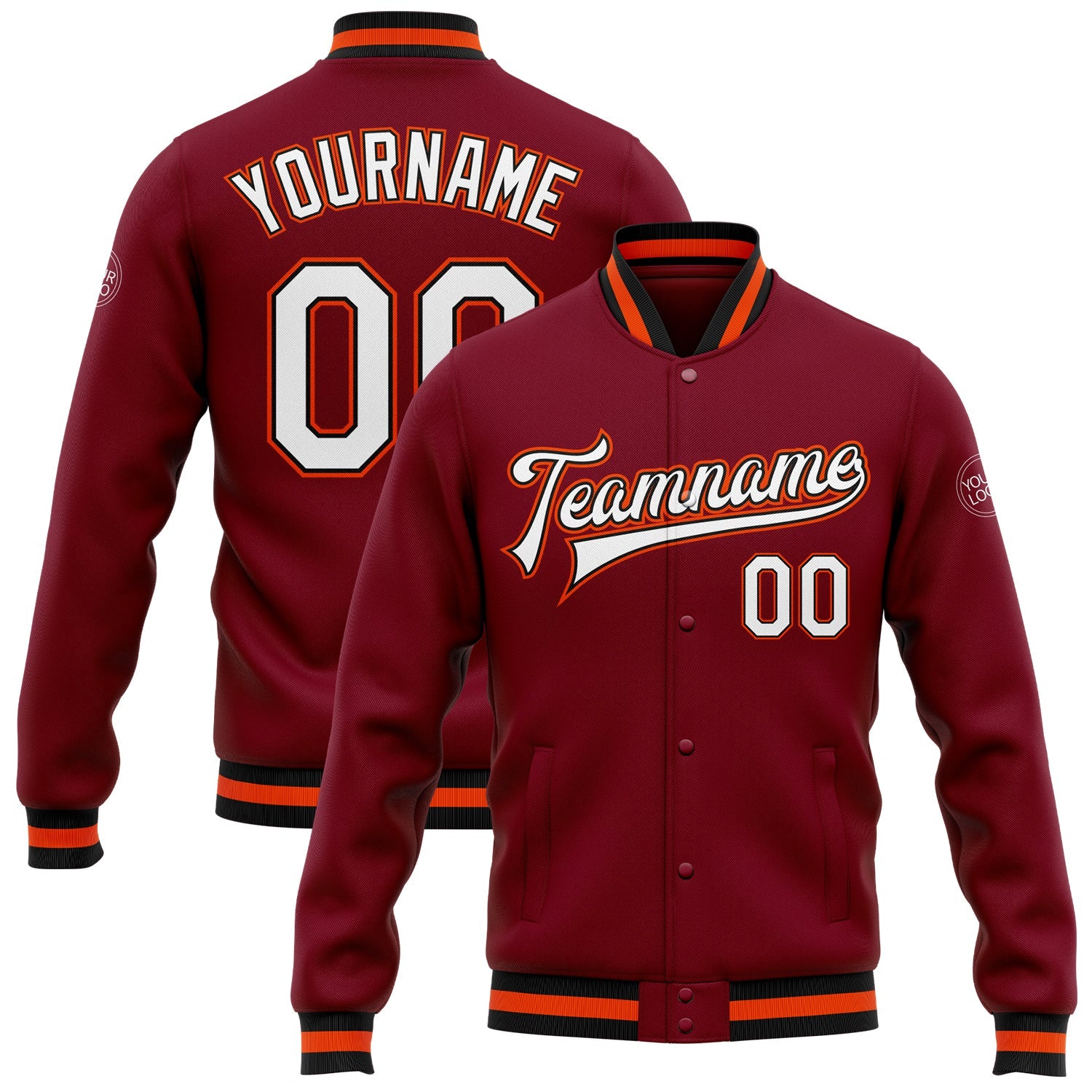 Custom Crimson White Black-Orange Bomber Full-Snap Varsity Letterman Jacket - Main View