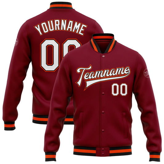 Custom Crimson White Black-Orange Bomber Full-Snap Varsity Letterman Jacket - Main View
