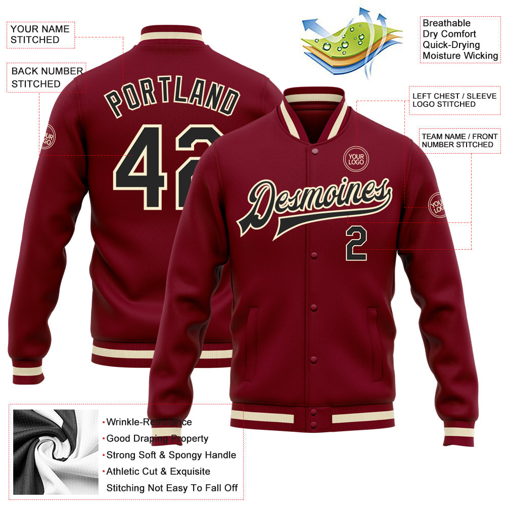 Custom Crimson Black Cream-Maroon Bomber Full-Snap Varsity Letterman Jacket view 5