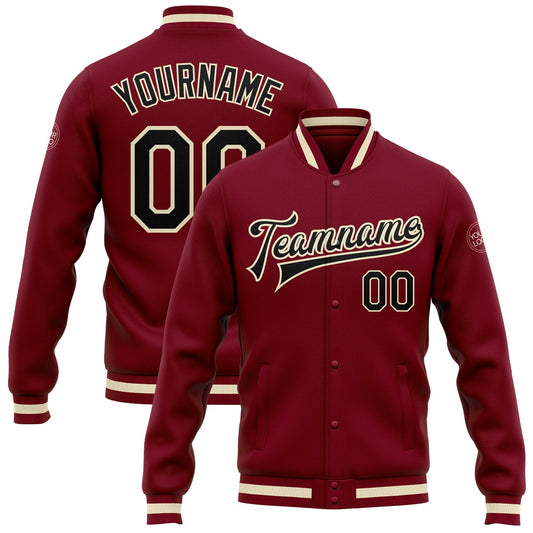 Custom Crimson Black Cream-Maroon Bomber Full-Snap Varsity Letterman Jacket - Main View