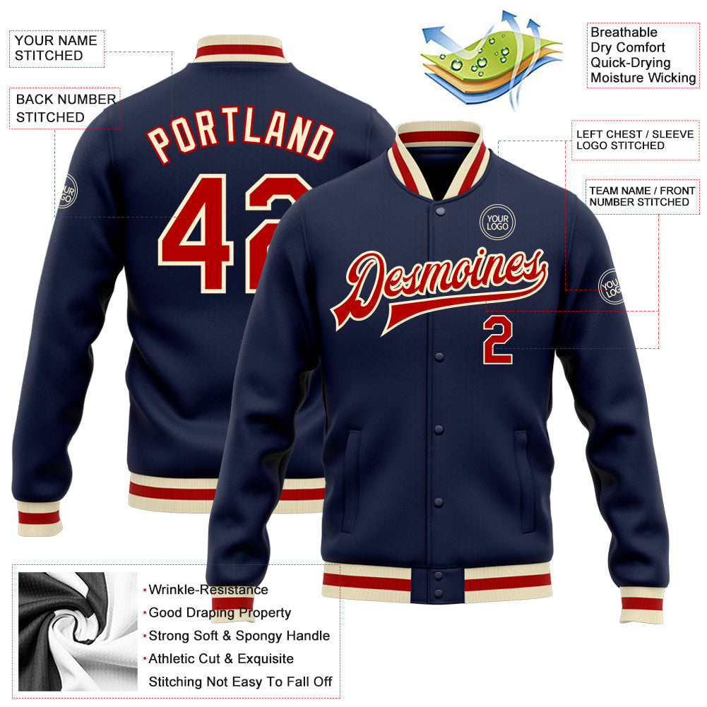 Custom Navy Red-Cream Bomber Full-Snap Varsity Letterman Jacket view 5