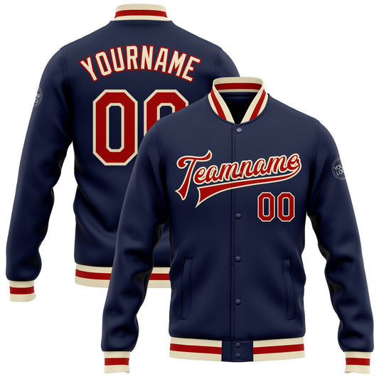 Custom Navy Red-Cream Bomber Full-Snap Varsity Letterman Jacket - Main View