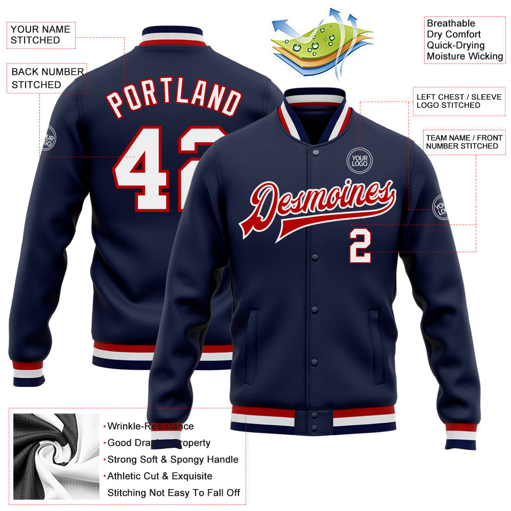 Custom Navy White-Red Bomber Full-Snap Varsity Letterman Jacket view 5