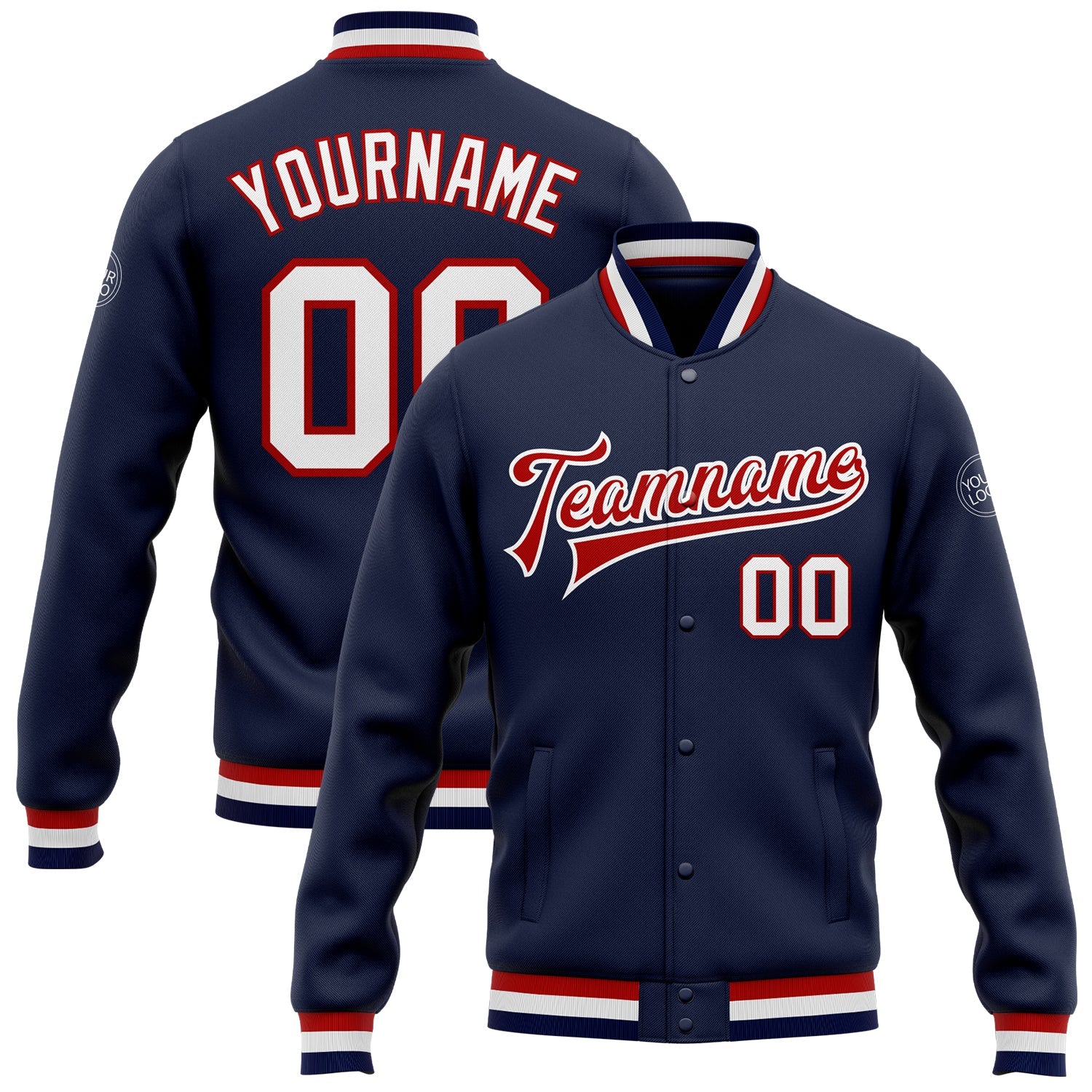 Custom Navy White-Red Bomber Full-Snap Varsity Letterman Jacket - Main View