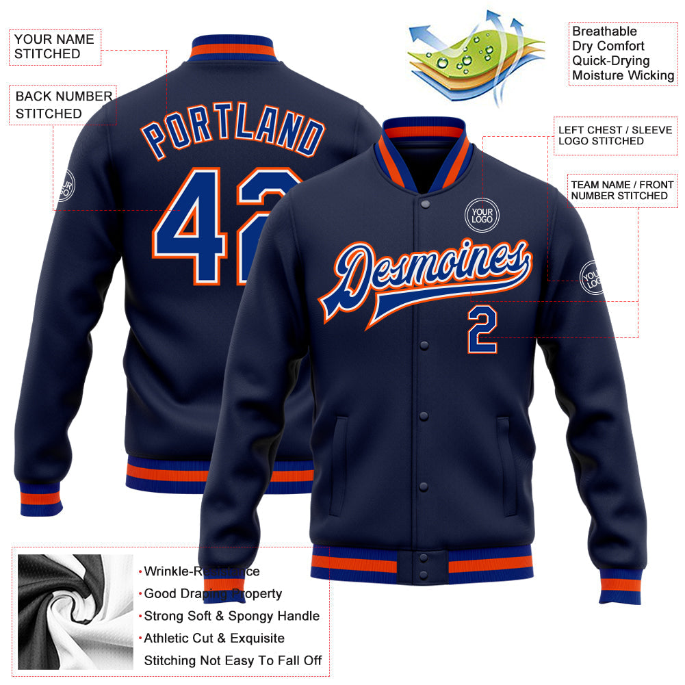 Custom Navy Royal-Orange Bomber Full-Snap Varsity Letterman Jacket view 5