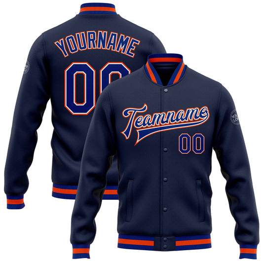 Custom Navy Royal-Orange Bomber Full-Snap Varsity Letterman Jacket - Main View