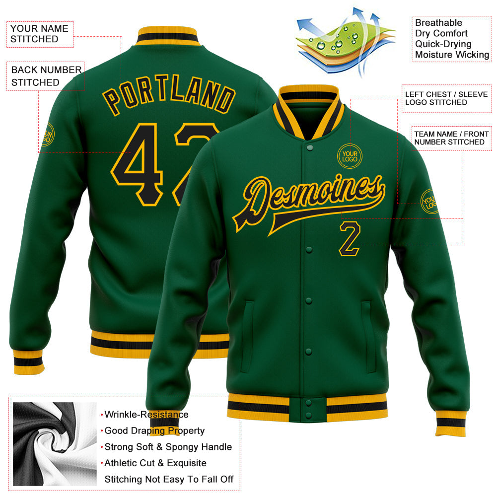 Custom Kelly Green Black-Gold Bomber Full-Snap Varsity Letterman Jacket view 5
