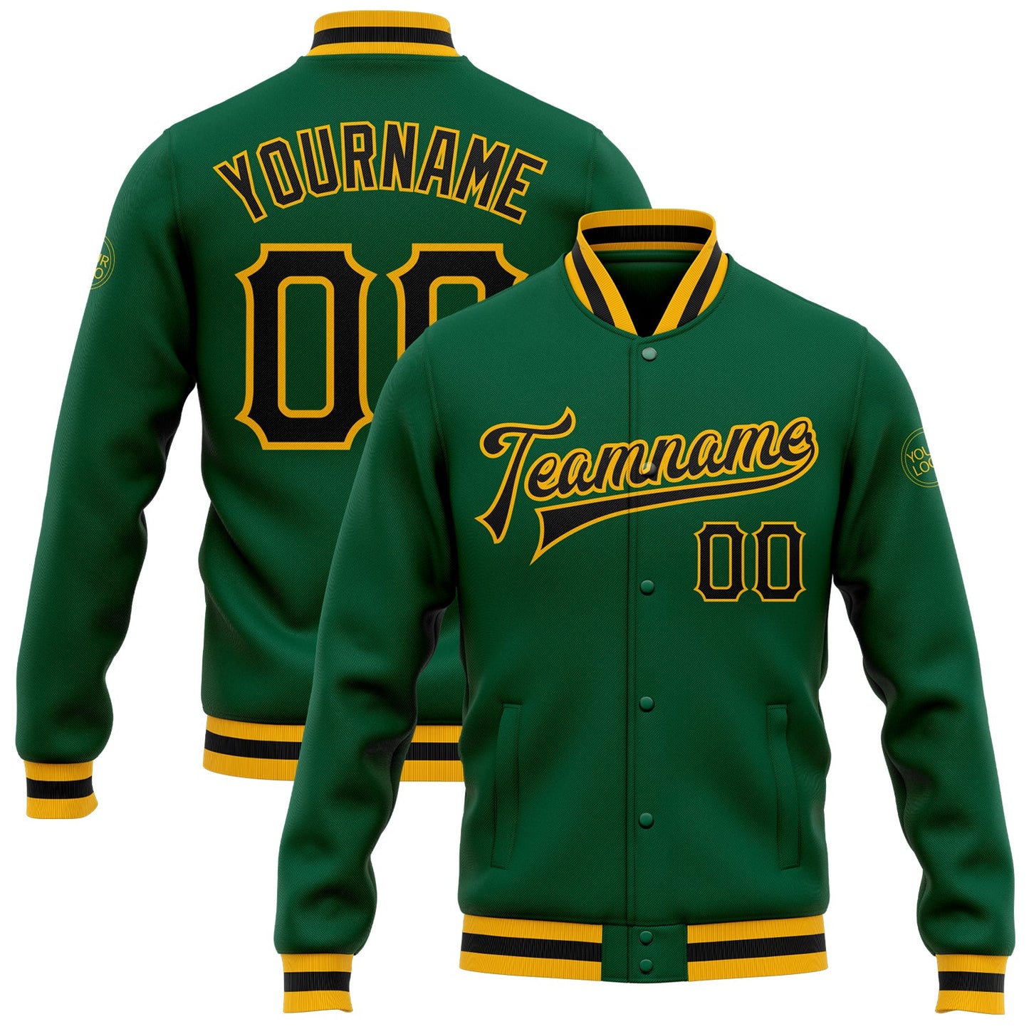 Custom Kelly Green Black-Gold Bomber Full-Snap Varsity Letterman Jacket - Main View