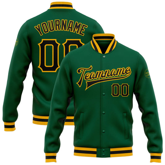 Custom Kelly Green Black-Gold Bomber Full-Snap Varsity Letterman Jacket - Main View