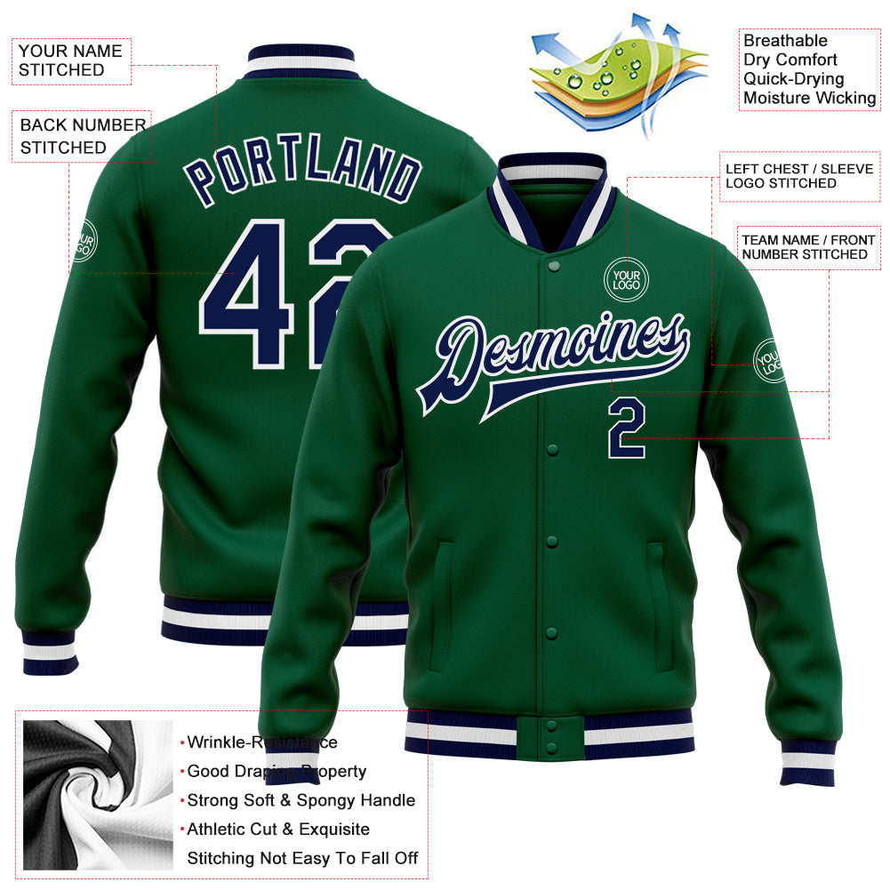 Custom Kelly Green Navy-White Bomber Full-Snap Varsity Letterman Jacket view 5