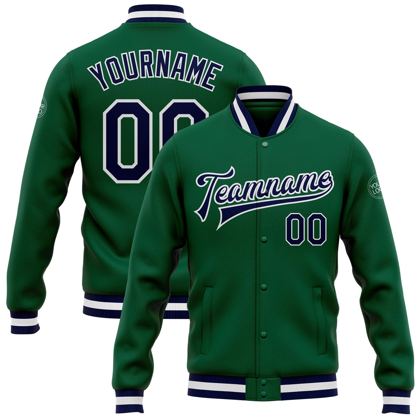 Custom Kelly Green Navy-White Bomber Full-Snap Varsity Letterman Jacket - Main View