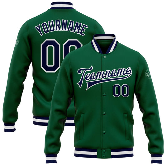 Custom Kelly Green Navy-White Bomber Full-Snap Varsity Letterman Jacket - Main View