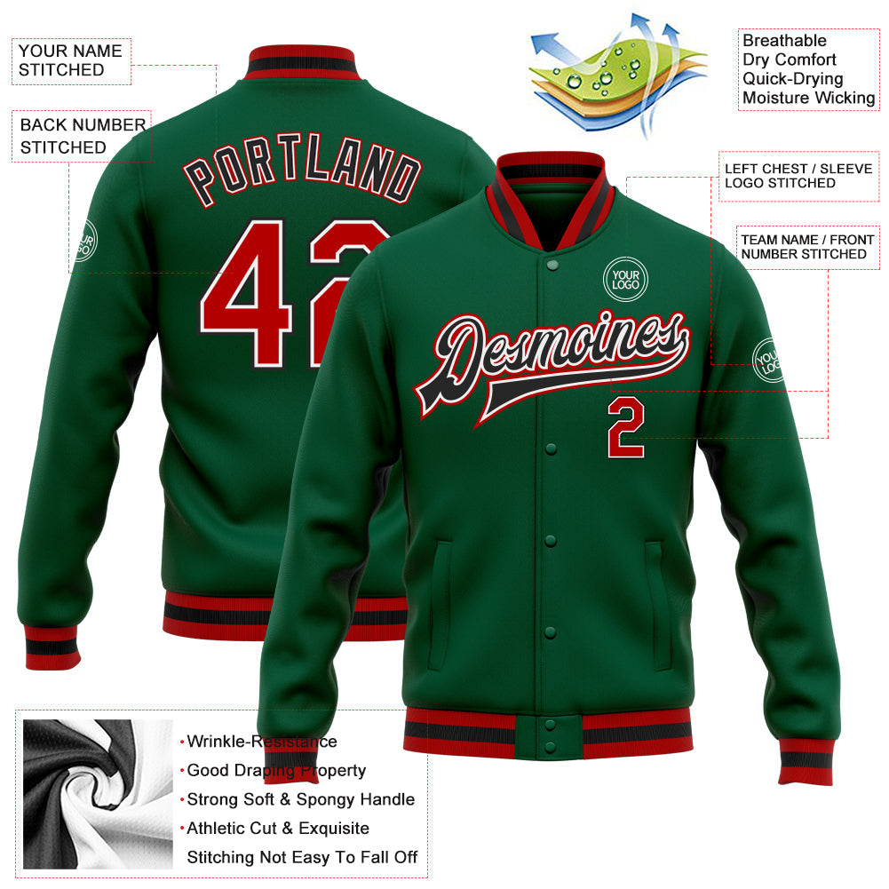 Custom Kelly Green Red-Black Bomber Full-Snap Varsity Letterman Jacket view 5