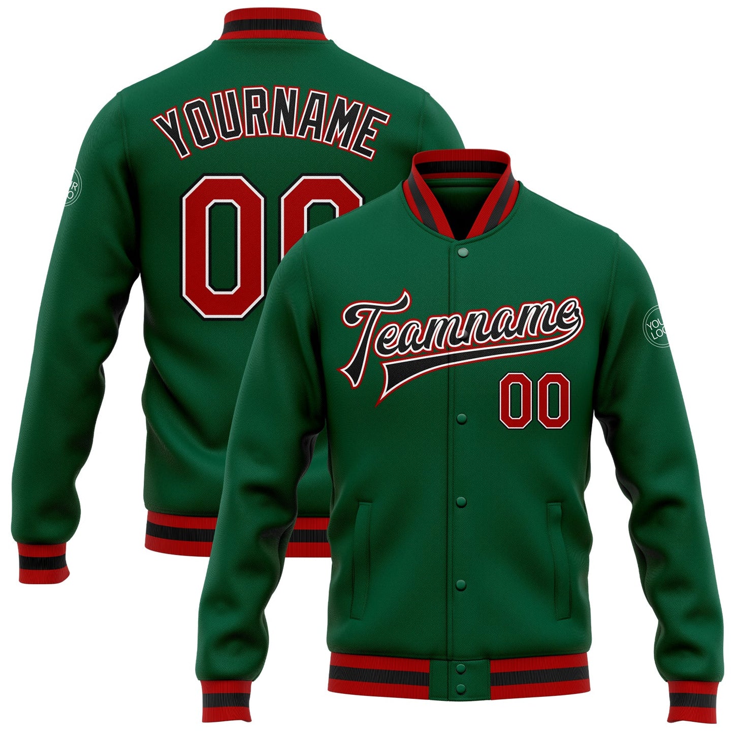 Custom Kelly Green Red-Black Bomber Full-Snap Varsity Letterman Jacket - Main View