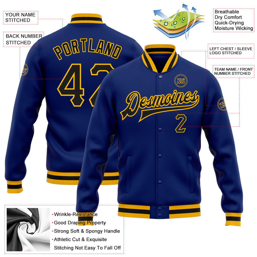 Custom Royal Black-Gold Bomber Full-Snap Varsity Letterman Jacket view 5