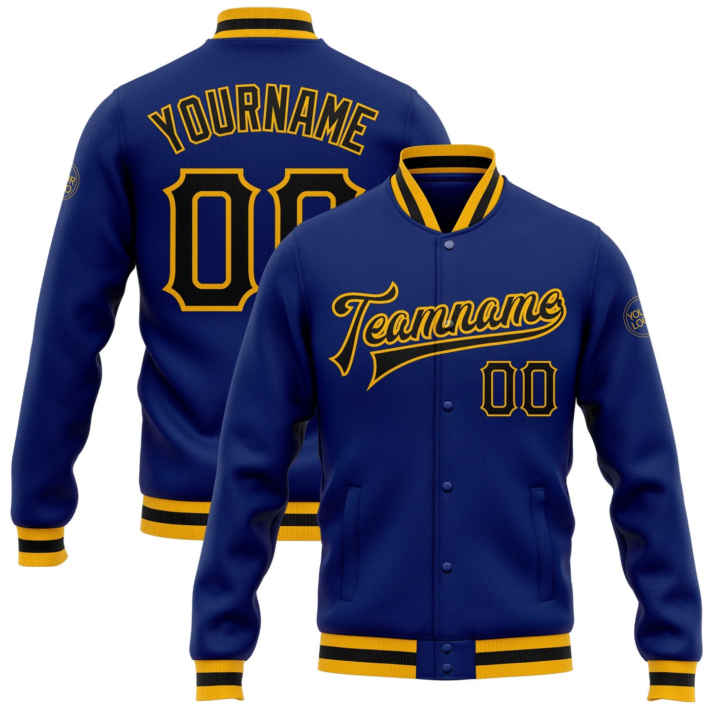 Custom Royal Black-Gold Bomber Full-Snap Varsity Letterman Jacket - Main View