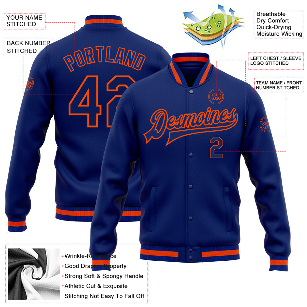 Custom Royal Royal-Orange Bomber Full-Snap Varsity Letterman Jacket view 5