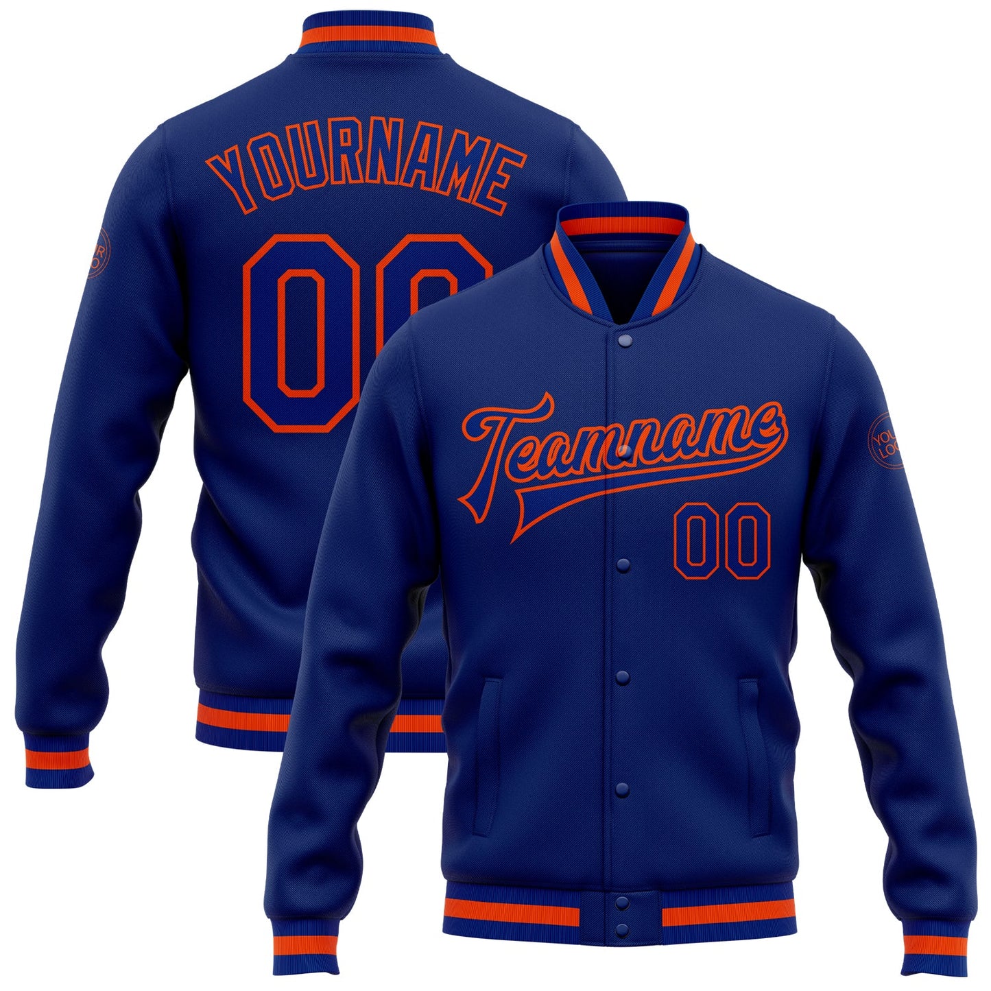 Custom Royal Royal-Orange Bomber Full-Snap Varsity Letterman Jacket - Main View