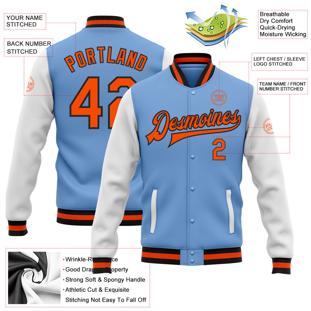 Custom Light Blue Orange-Black Bomber Full-Snap Varsity Letterman Two Tone Jacket view 5