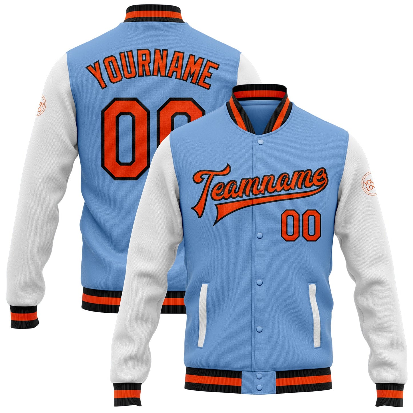 Custom Light Blue Orange-Black Bomber Full-Snap Varsity Letterman Two Tone Jacket - Main View