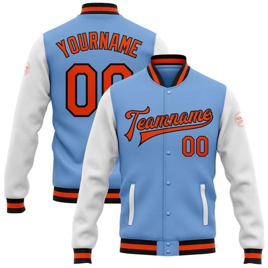 Custom Light Blue Orange-Black Bomber Full-Snap Varsity Letterman Two Tone Jacket - Main View