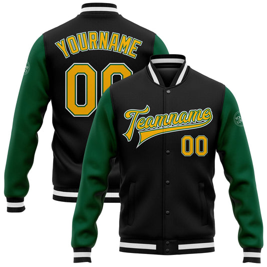 Custom Black Gold-Kelly Green Bomber Full-Snap Varsity Letterman Two Tone Jacket - Main View
