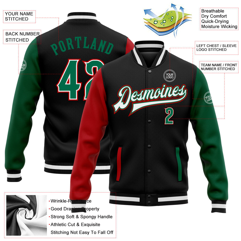 Custom Black Kelly Green-Red Bomber Full-Snap Varsity Letterman Two Tone Jacket view 5