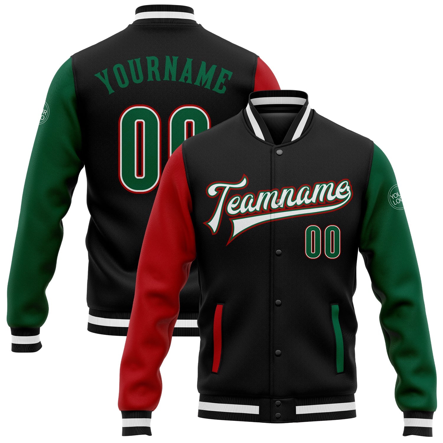 Custom Black Kelly Green-Red Bomber Full-Snap Varsity Letterman Two Tone Jacket - Main View