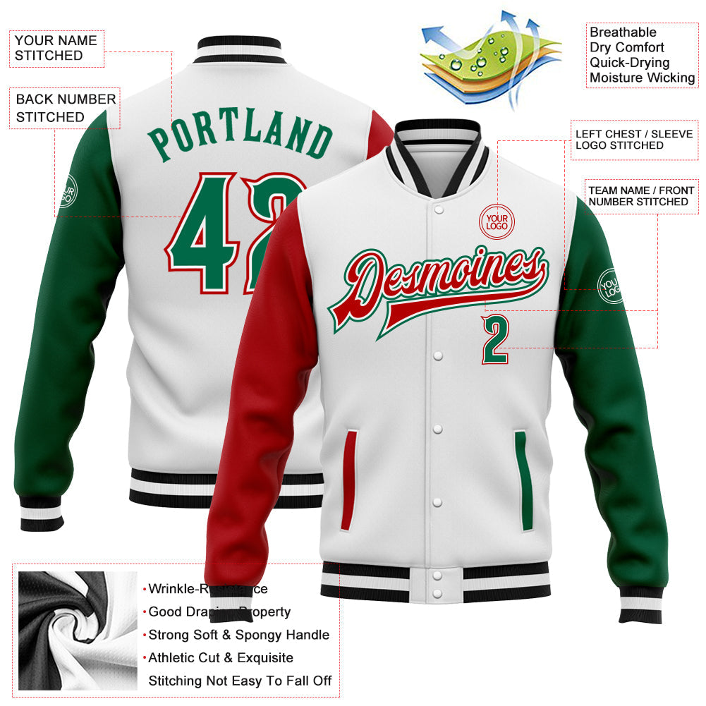 Custom White Kelly Green-Red Bomber Full-Snap Varsity Letterman Two Tone Jacket view 5
