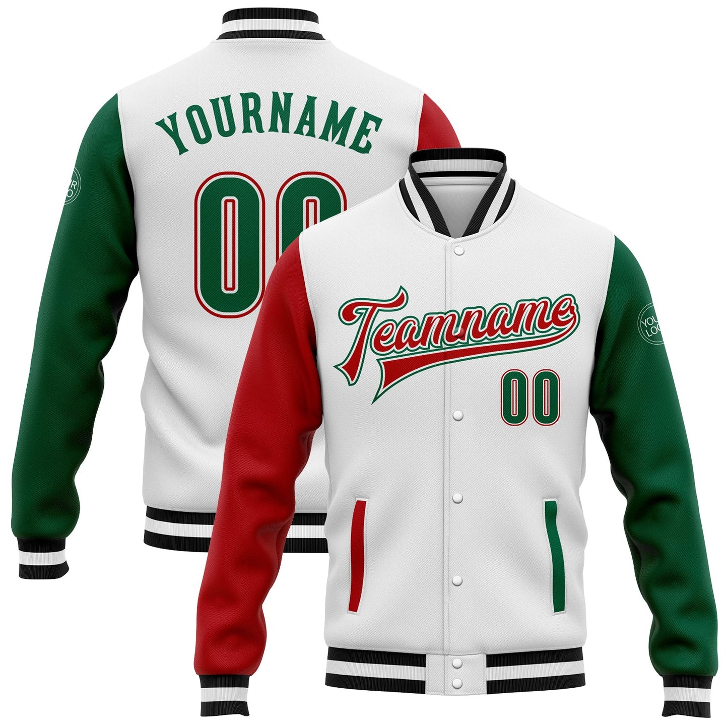 Custom White Kelly Green-Red Bomber Full-Snap Varsity Letterman Two Tone Jacket - Main View