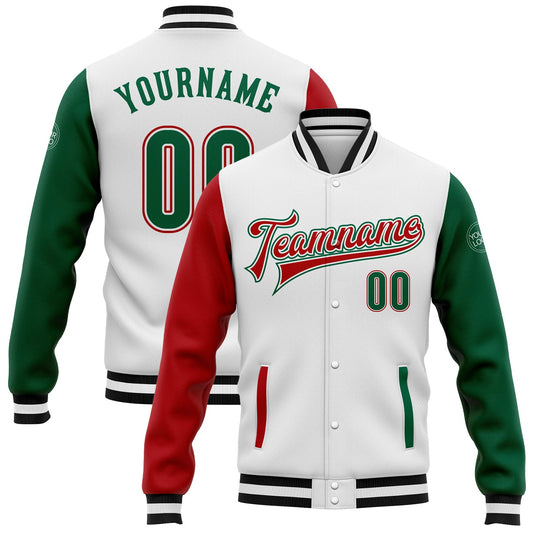 Custom White Kelly Green-Red Bomber Full-Snap Varsity Letterman Two Tone Jacket - Main View