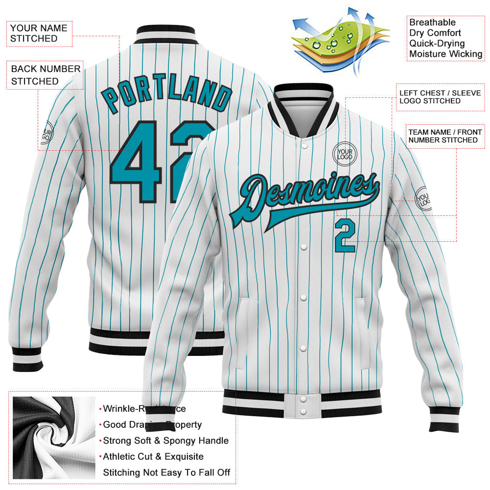 Custom White Teal Pinstripe Teal-Black Bomber Full-Snap Varsity Letterman Jacket view 5