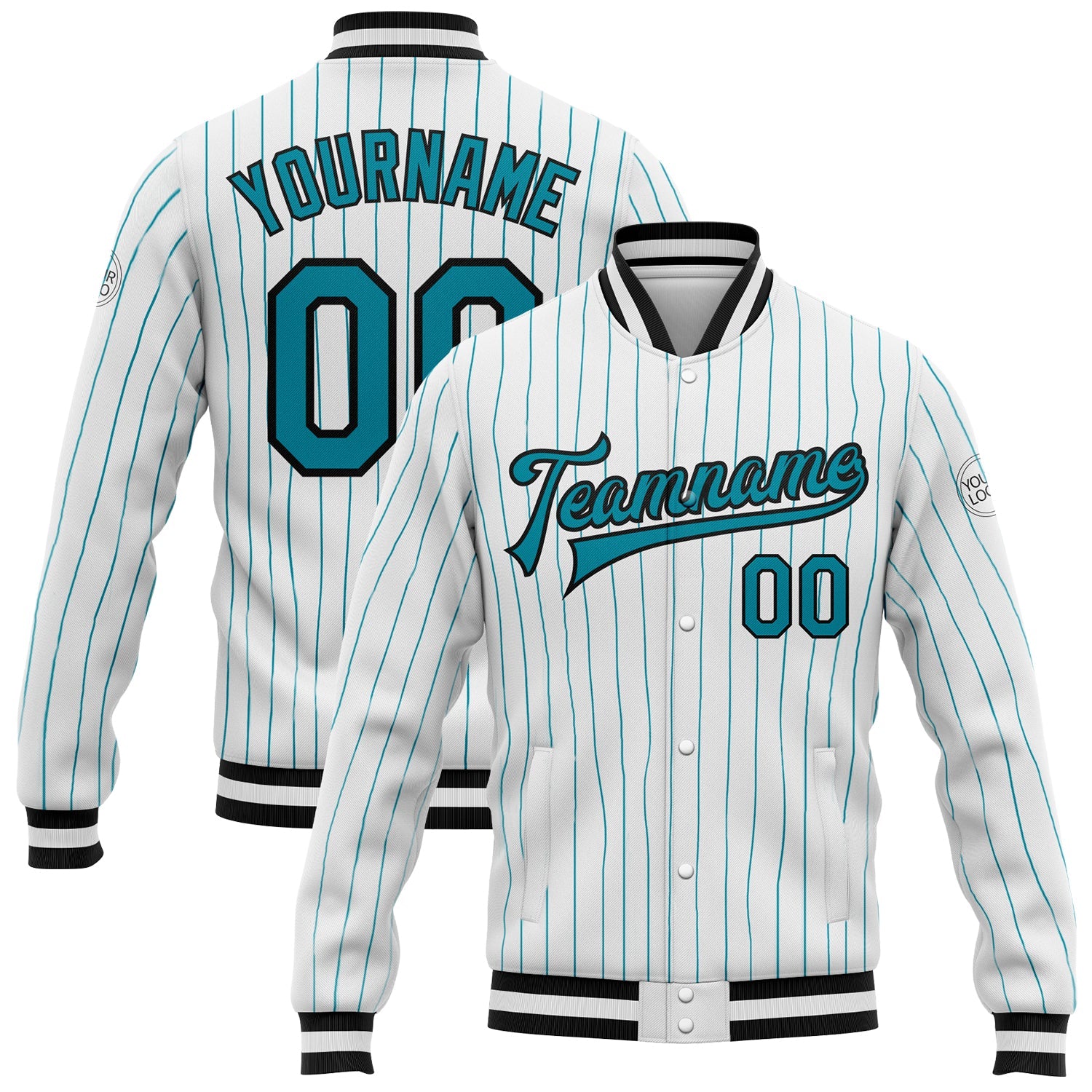 Custom White Teal Pinstripe Teal-Black Bomber Full-Snap Varsity Letterman Jacket - Main View