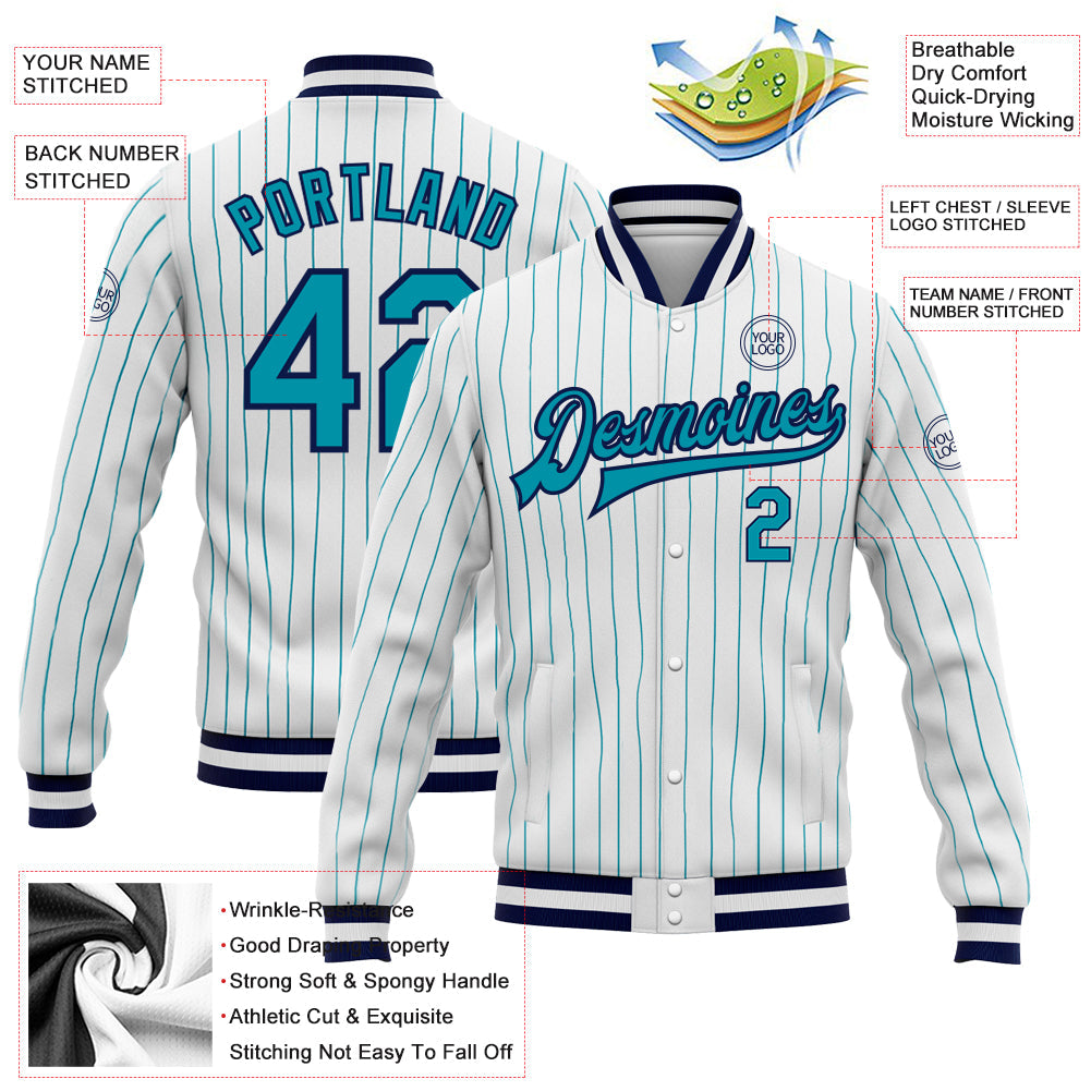 Custom White Teal Pinstripe Teal-Navy Bomber Full-Snap Varsity Letterman Jacket view 5