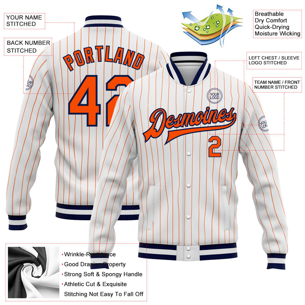Custom White Orange Pinstripe Orange-Navy Bomber Full-Snap Varsity Letterman Jacket view 5
