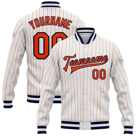 Custom White Orange Pinstripe Orange-Navy Bomber Full-Snap Varsity Letterman Jacket - Main View