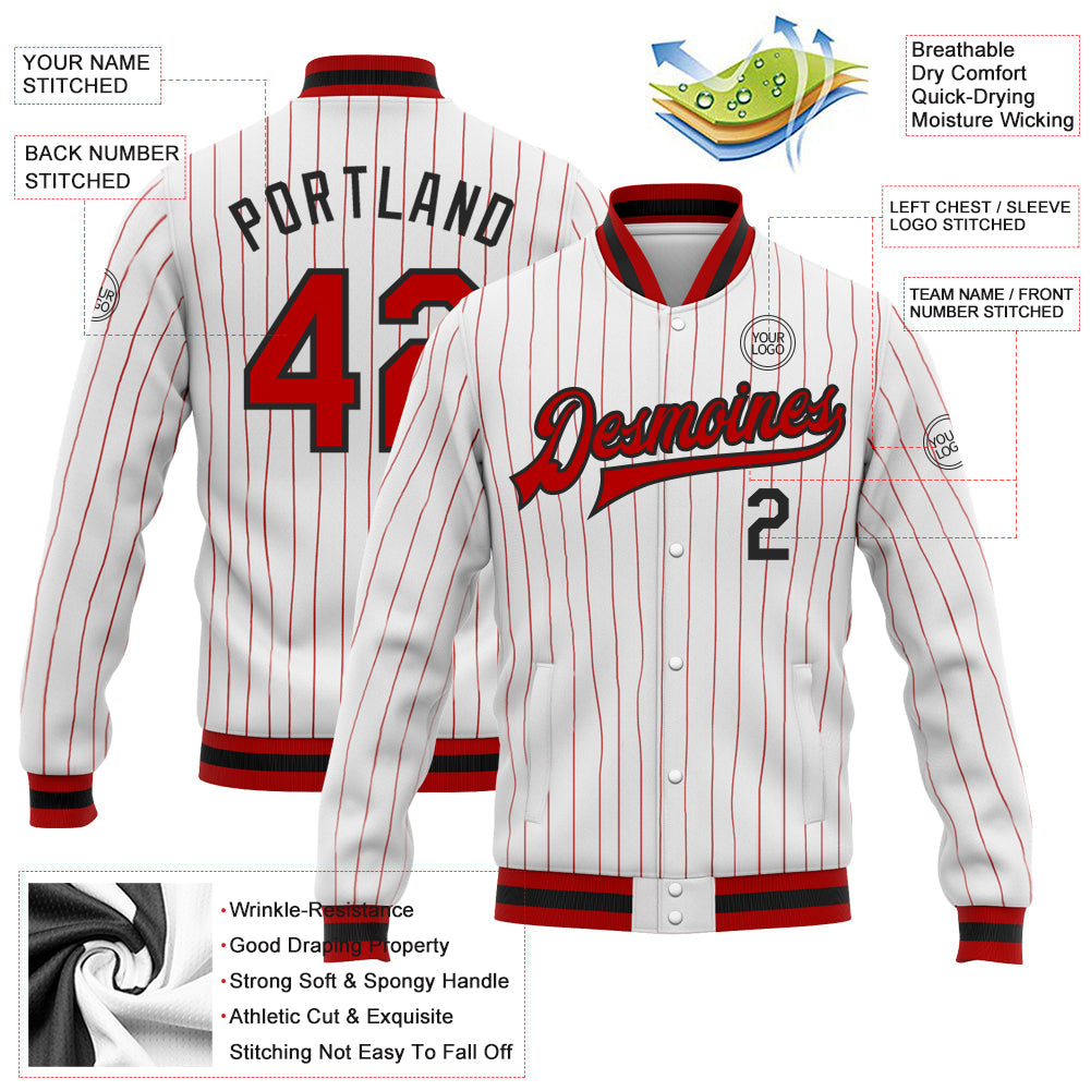 Custom White Red Pinstripe Red-Black Bomber Full-Snap Varsity Letterman Jacket view 5