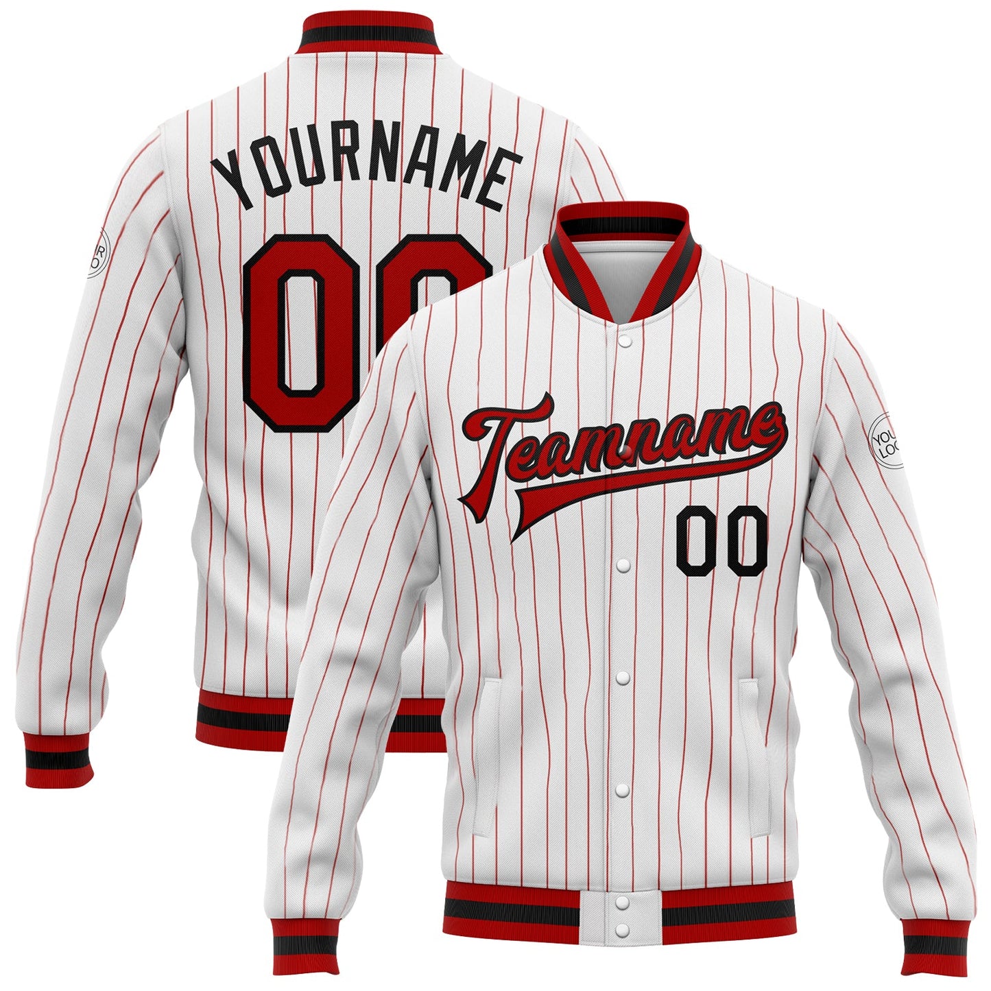 Custom White Red Pinstripe Red-Black Bomber Full-Snap Varsity Letterman Jacket - Main View