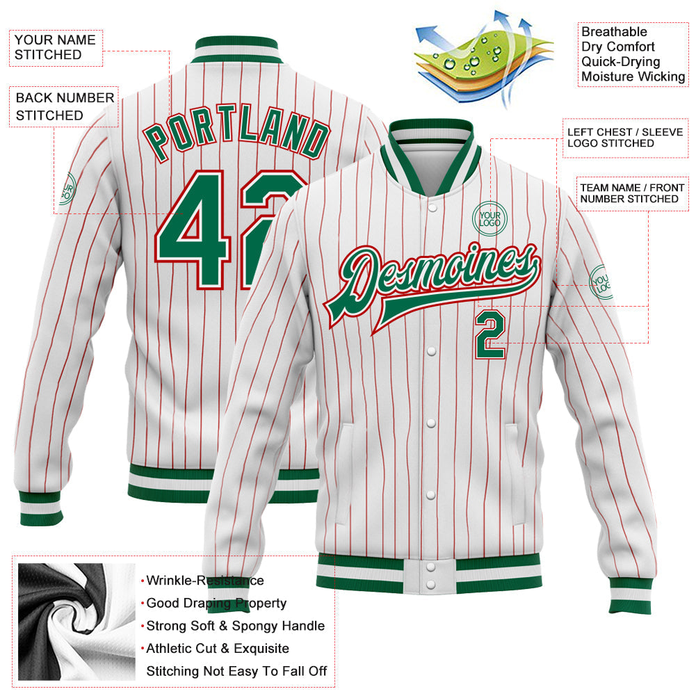 Custom White Red Pinstripe Kelly Green-Red Bomber Full-Snap Varsity Letterman Jacket view 5