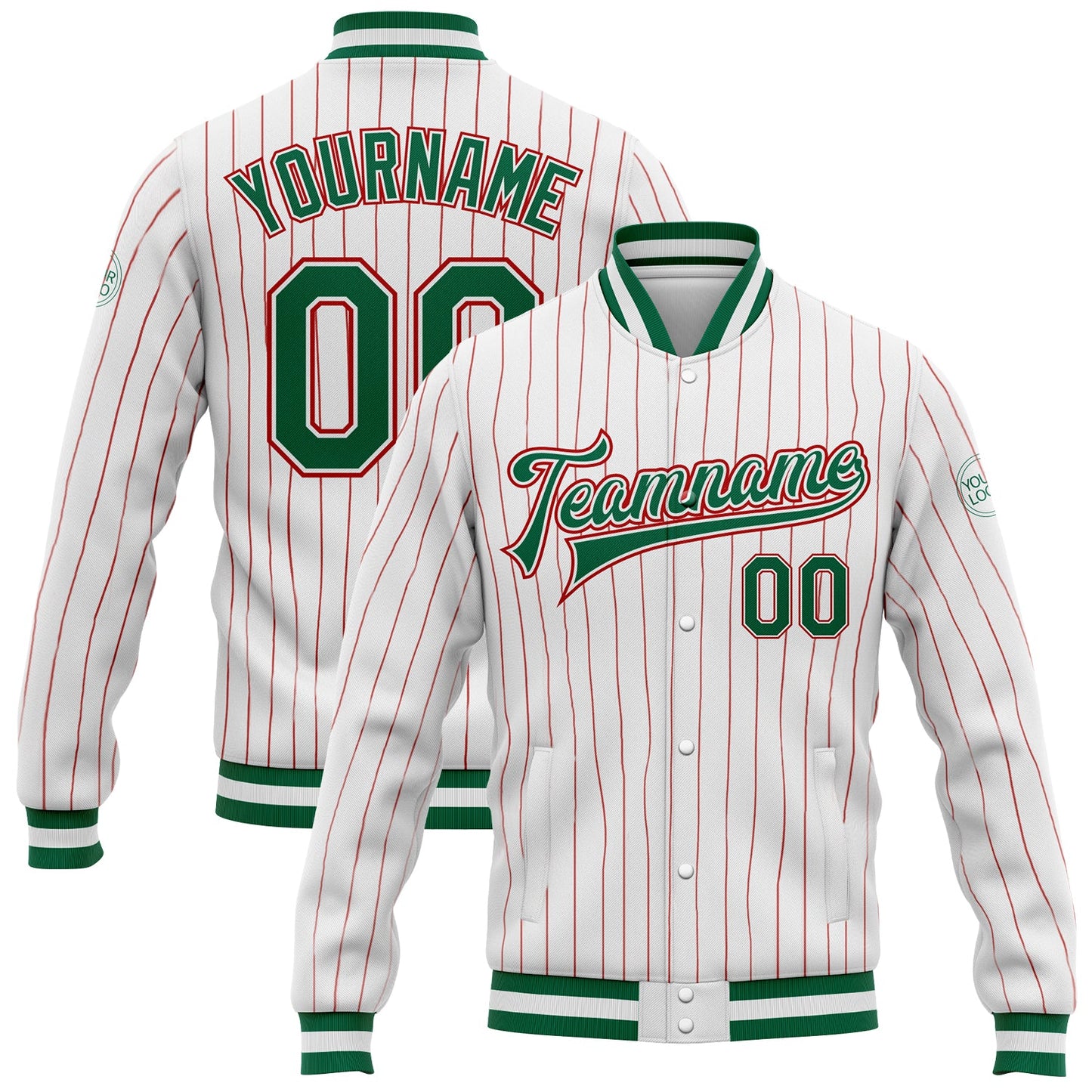 Custom White Red Pinstripe Kelly Green-Red Bomber Full-Snap Varsity Letterman Jacket - Main View