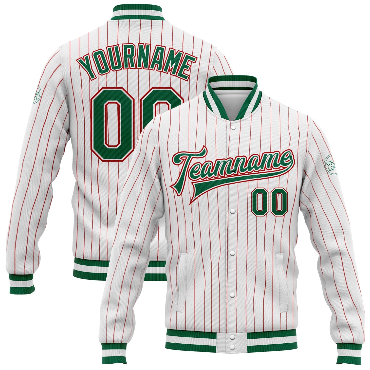 Custom White Red Pinstripe Kelly Green-Red Bomber Full-Snap Varsity Letterman Jacket - Main View