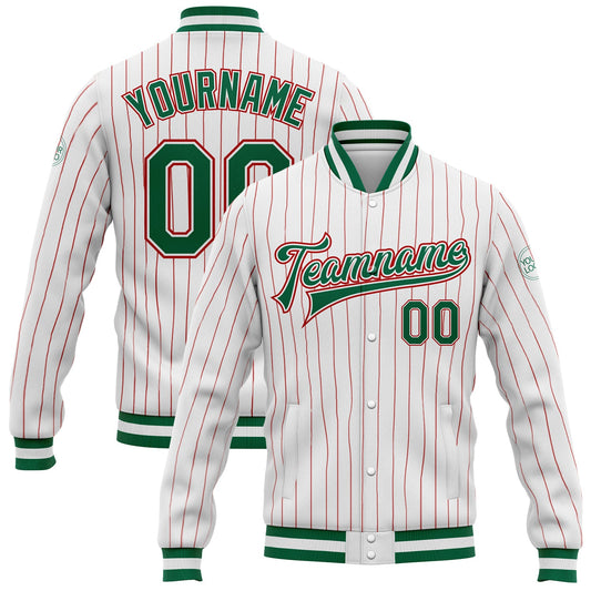 Custom White Red Pinstripe Kelly Green-Red Bomber Full-Snap Varsity Letterman Jacket - Main View
