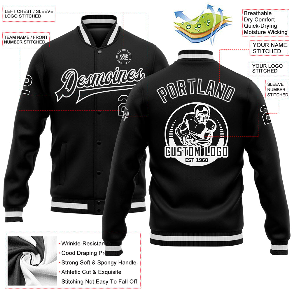 Custom Black Black-White Bomber Full-Snap Varsity Letterman Jacket view 5