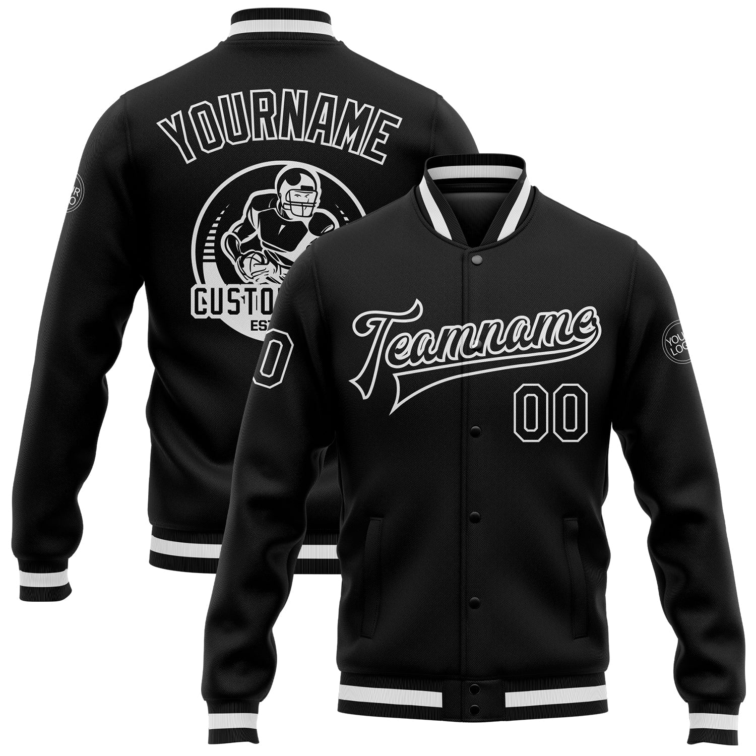 Custom Black Black-White Bomber Full-Snap Varsity Letterman Jacket - Main View