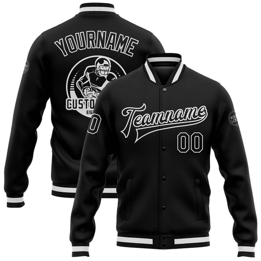 Custom Black Black-White Bomber Full-Snap Varsity Letterman Jacket - Main View