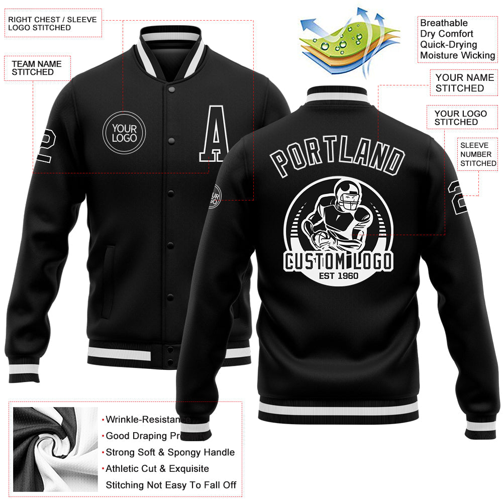Custom Black Black-White Bomber Full-Snap Varsity Letterman Jacket view 5