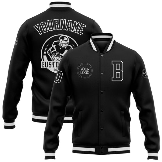 Custom Black Black-White Bomber Full-Snap Varsity Letterman Jacket - Main View