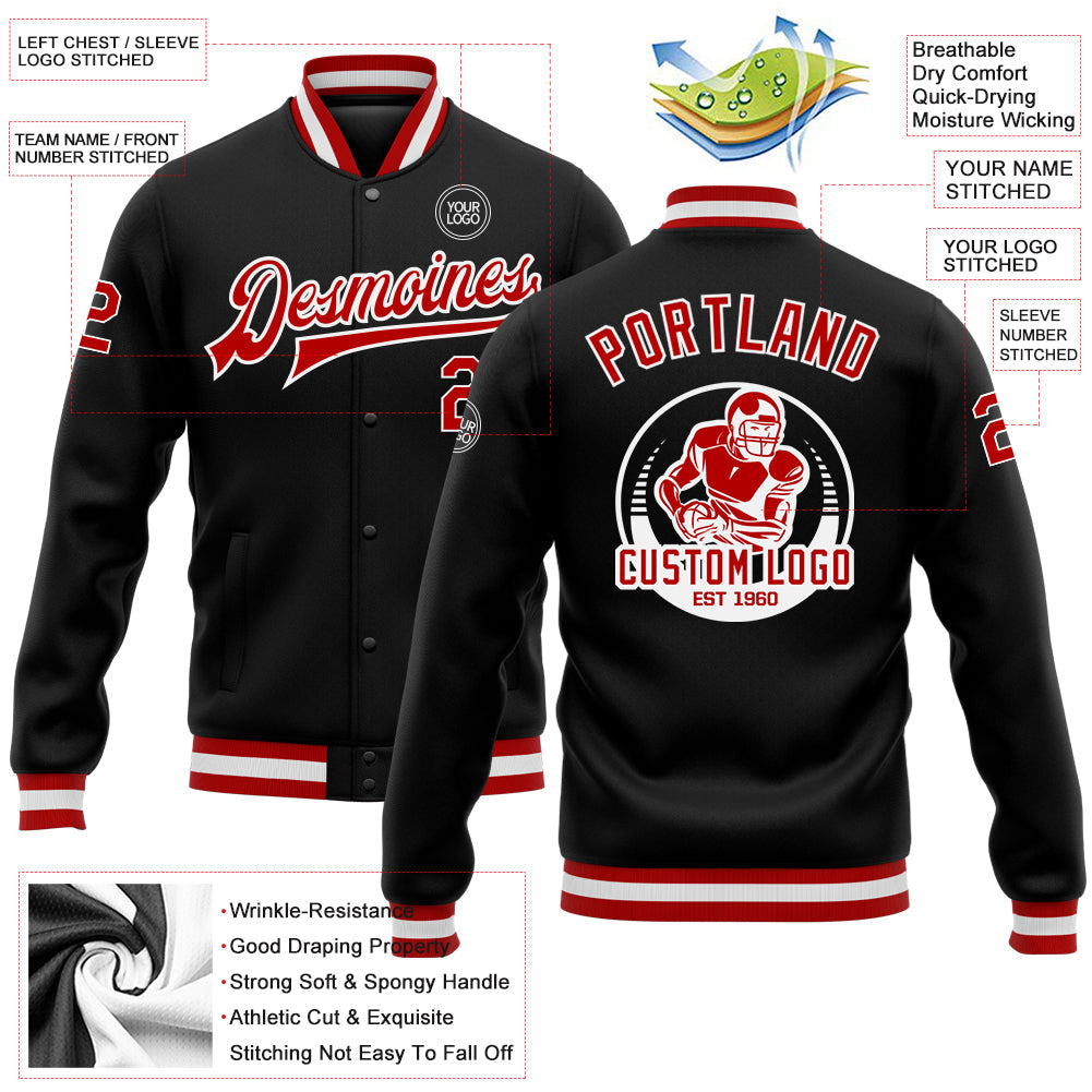 Custom Black Red-White Bomber Full-Snap Varsity Letterman Jacket view 5